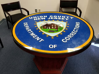 Custom Made Mahogany Wood Logo Table - Union County Jail Custom Made Mahogany Wood Logo Table - Union County Jail
